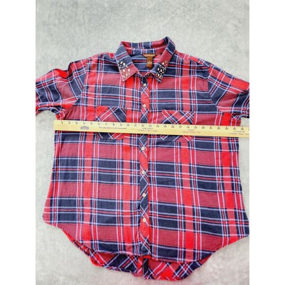 Bit & Bridle Western Shirt XL Plaid Snap Up Jeweled Collar Flannel Shirt - Picture 7 of 13
